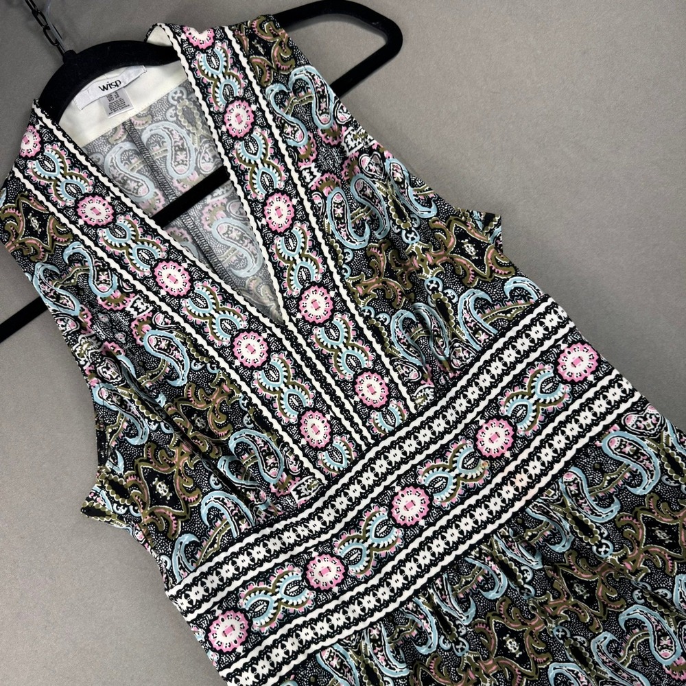 Wisp Paisley Sleeveless V-Neck Dress Womens 8 Black Pink Blue Boho Flare
